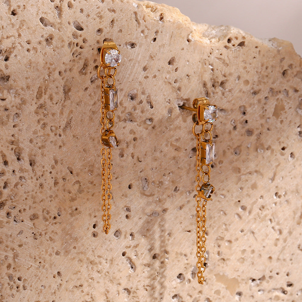 Ladies 18k Bling Micro Paved Rectangle Square Round CZ Stainless Steel Chain Drop Earring