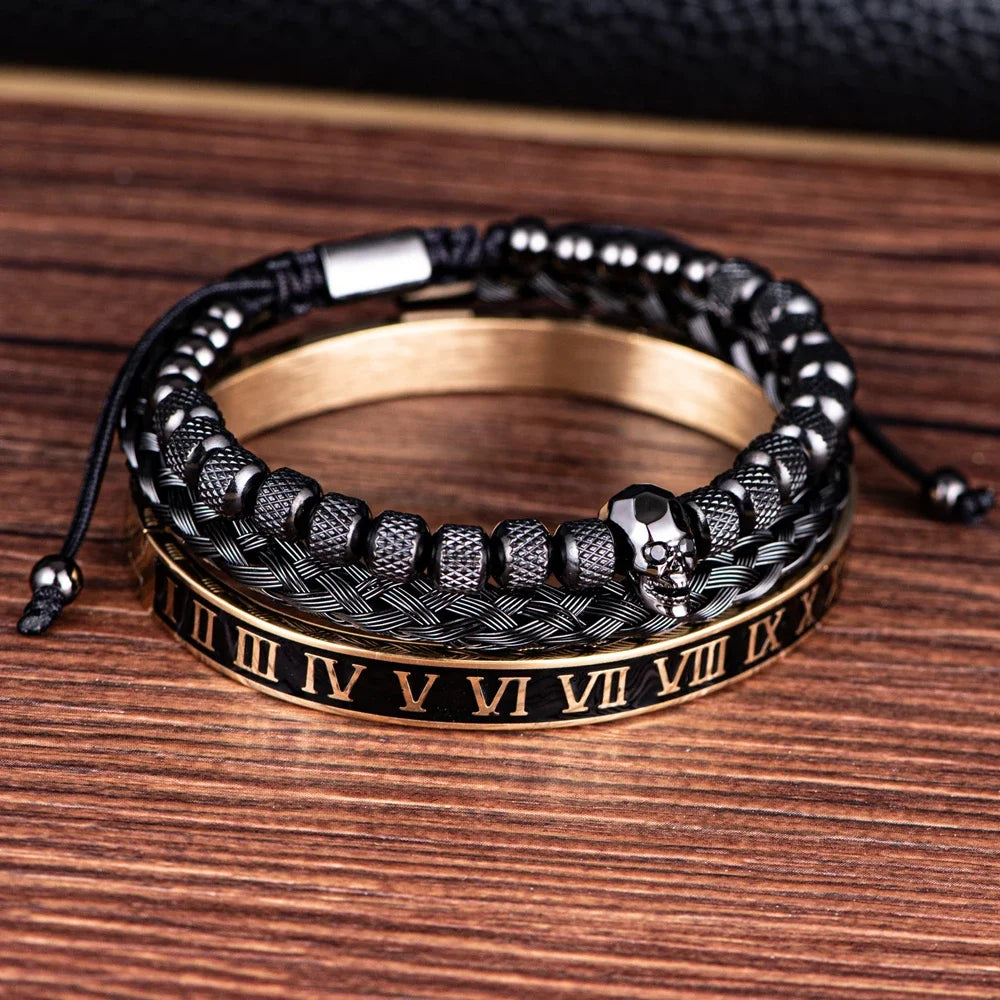 Skull Charm | No Fade Stainless Steel Black Roman Numeral Luxury Men's Bracelets