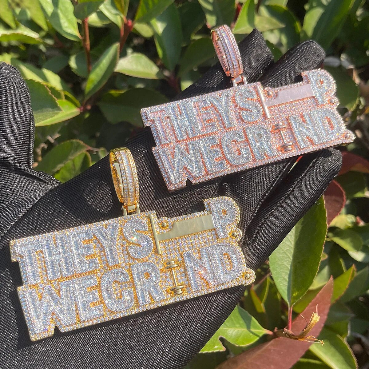 They Sleep We Grind Dumbbell Workout 24k Gold 925 Silver Beautiful Prong Set Hip Hop Pendant