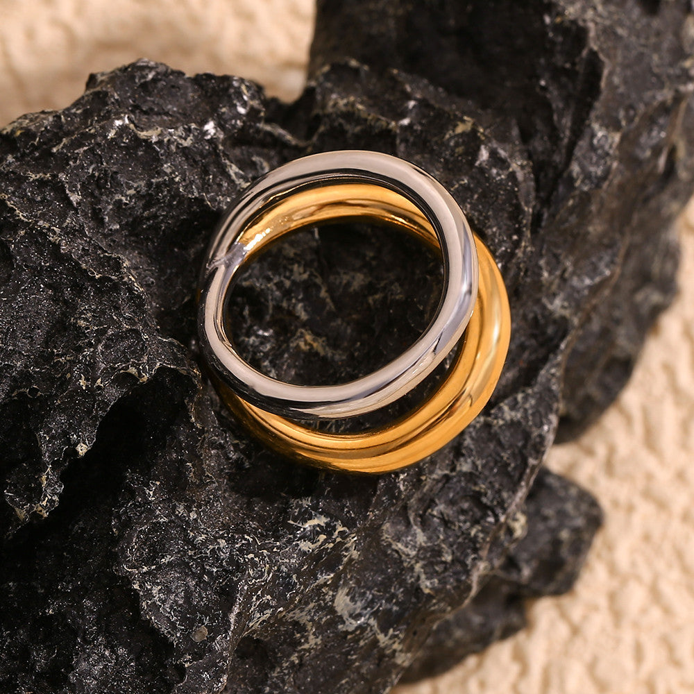 18k Gold Waterproof Stainless Steel Overlapping Double Color Stackable Rings