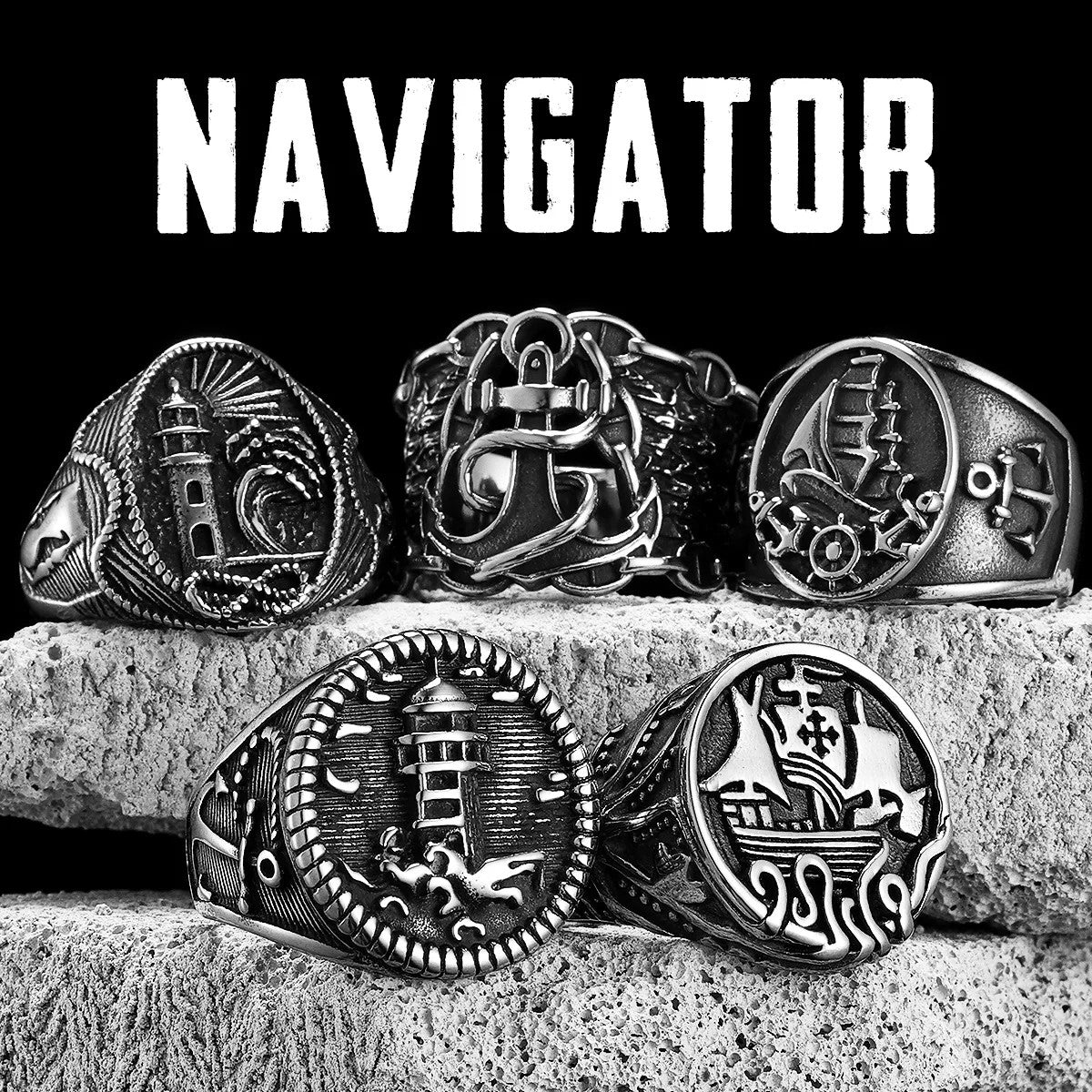 Nautical Navigator | 316L No Fade Stainless Steel Anchor Lighthouse Ocean Sailor Ship Men Rings