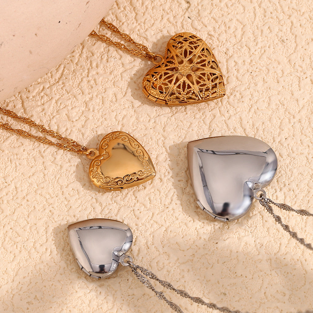 Ladies 18k Gold Waterproof Stainless Steel Flower Pattern Hollow Heart Photo Box Necklace