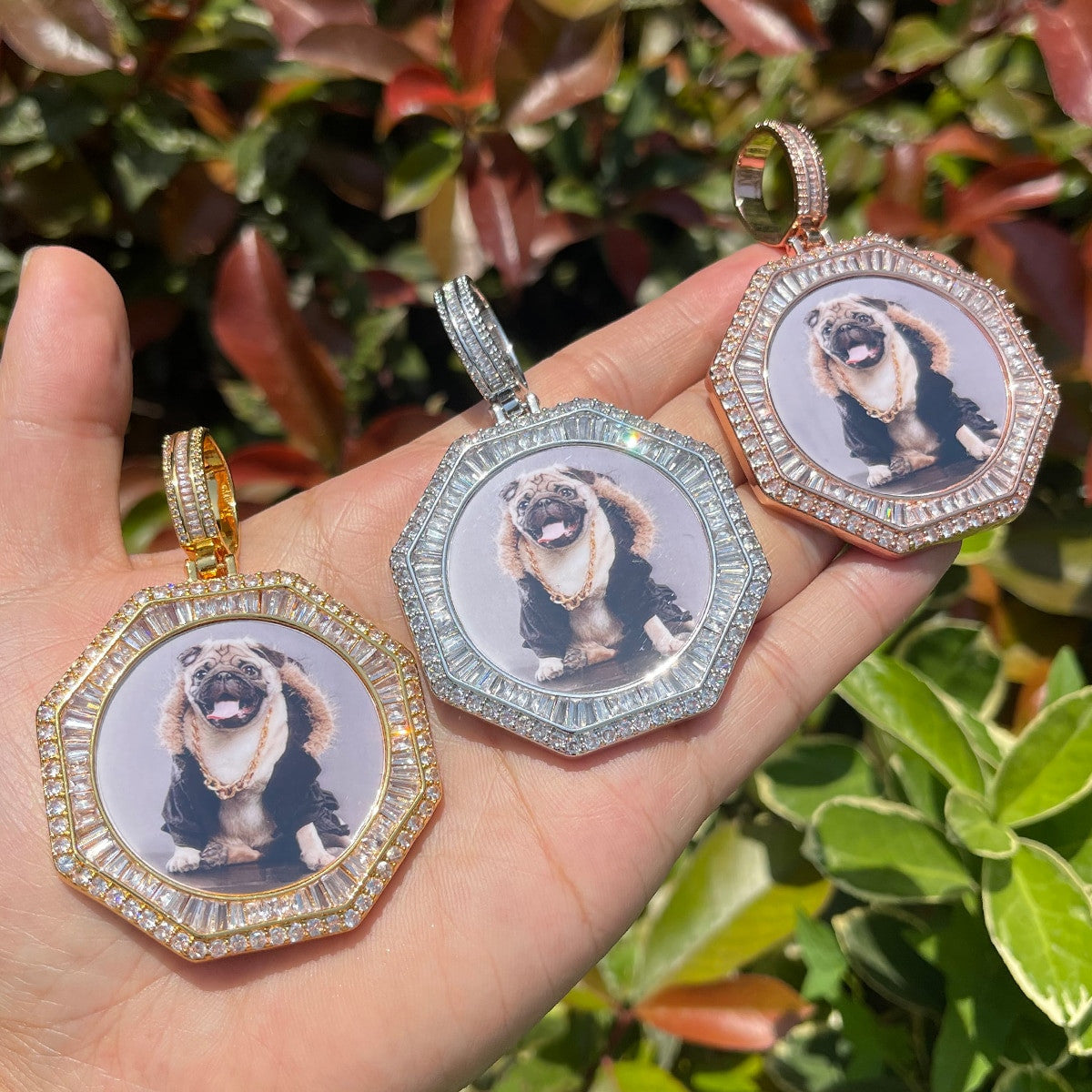 Iced Baguette Blinged Out Octogon Photo Picture Chain Memory Hip Hop Necklace