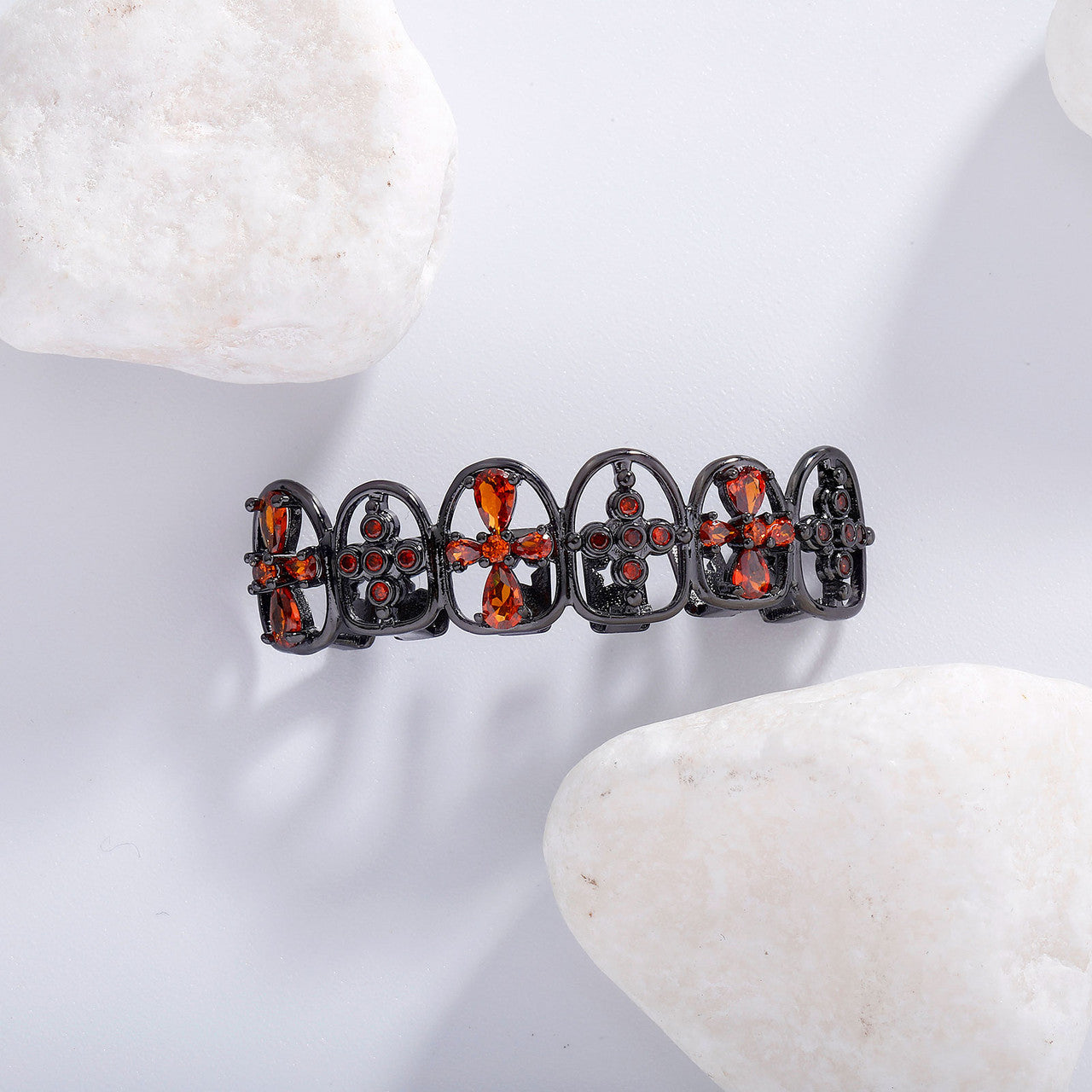 Goth Cross | Red VVS Diamond CZ Black Iced Blinged Out Top Row Teeth Grillz