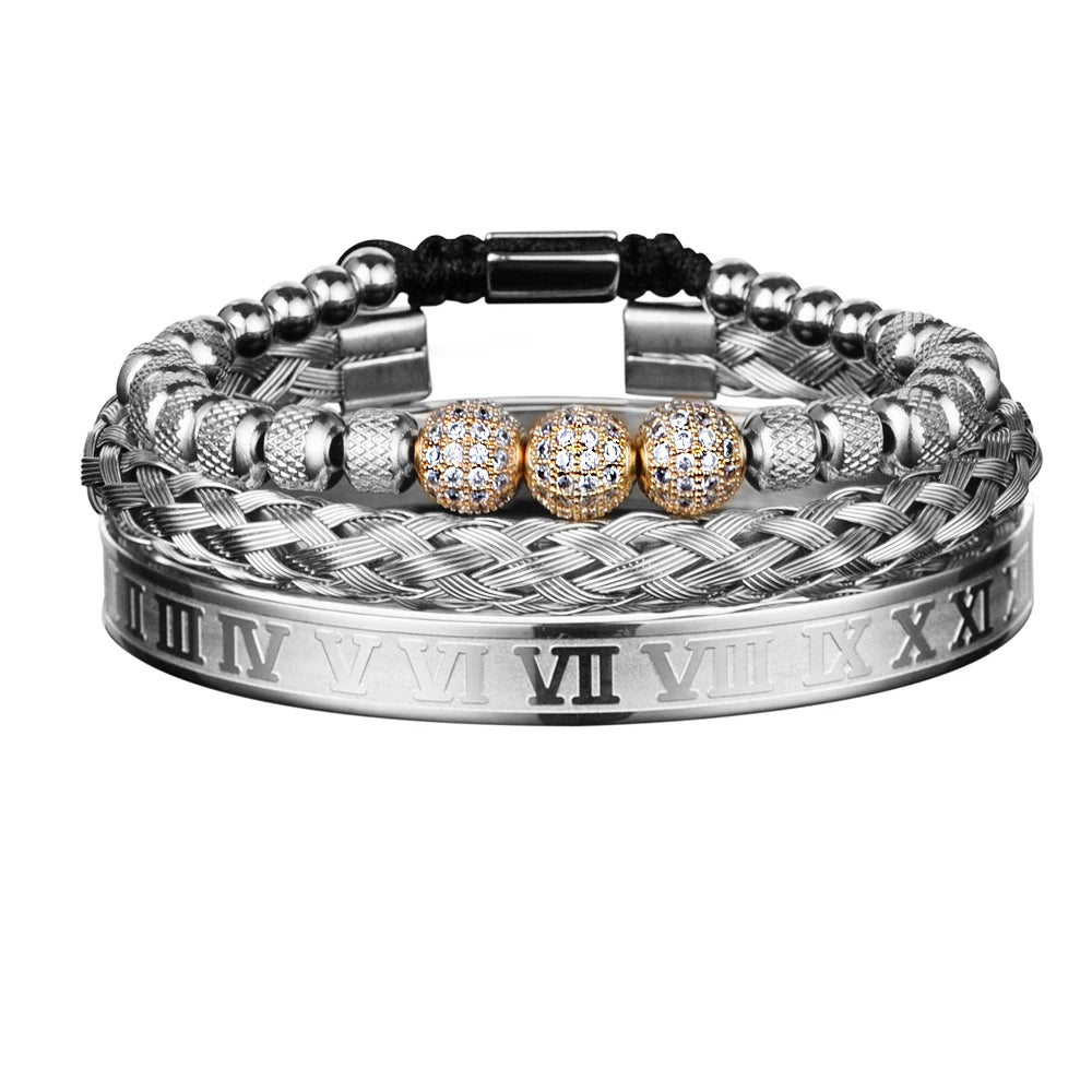 Royal Charm | VVS Diamond CZ 3 Piece Luxury Hip Hop Stainless Steel Bracelet Sets