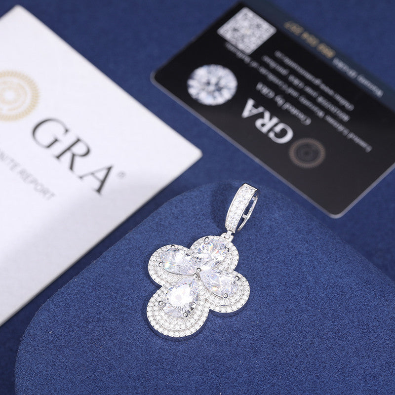 Solid 925 Sterling Silver Round Cross Moissanite Diamond Stone Iced Pendant