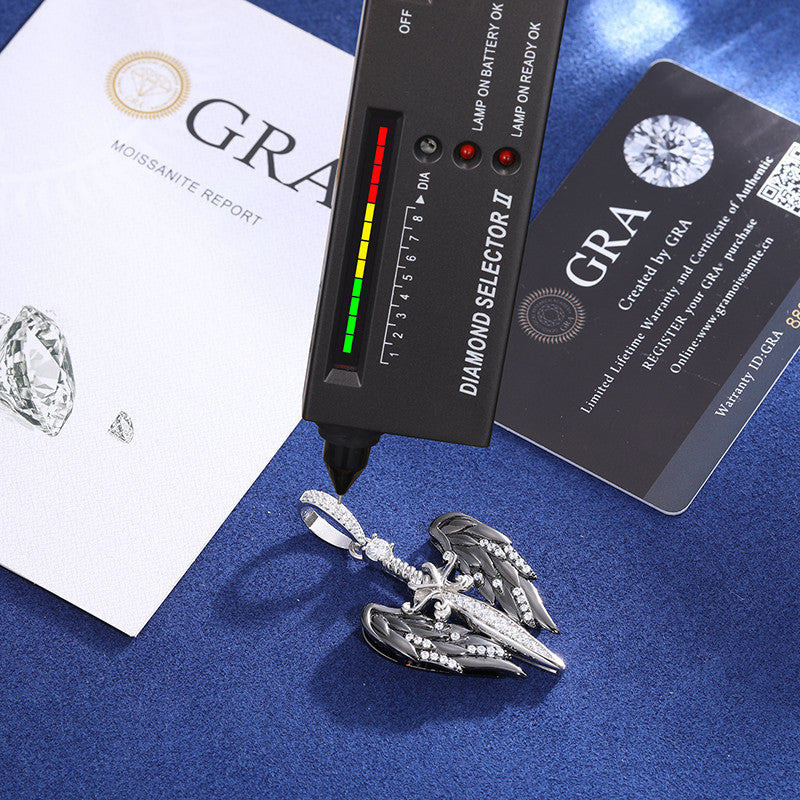 Mens Classic 925 Sterling Silver Angel Sword Mossinite Diamond Hip Hop Iced Pendant