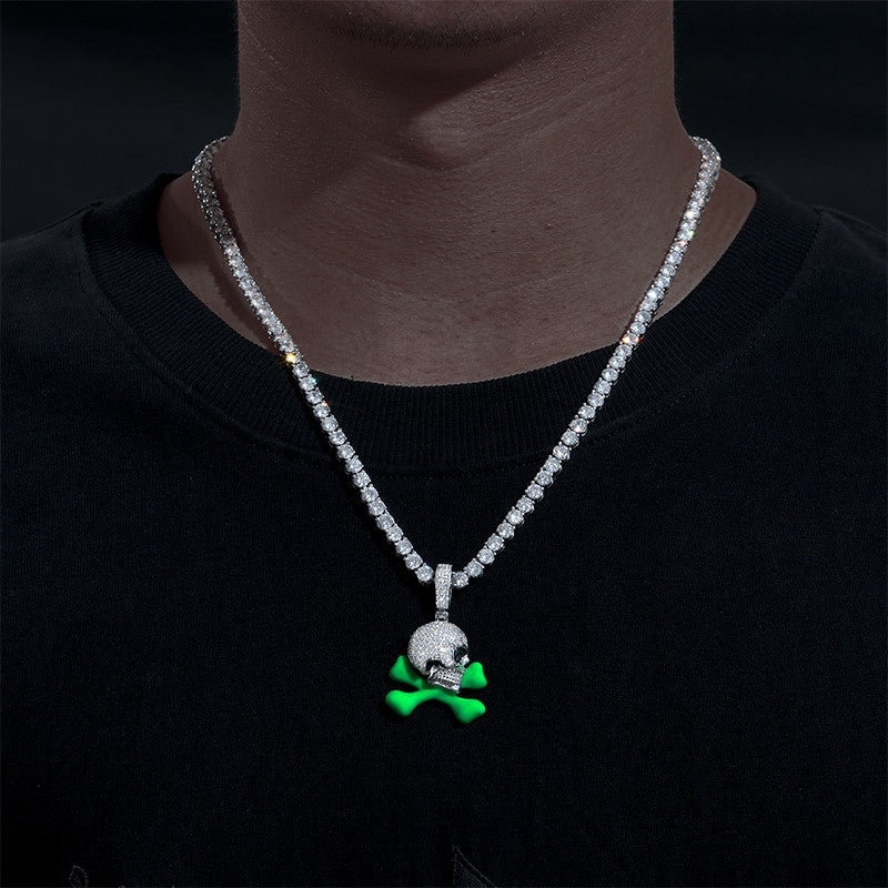 Flooded Ice Glow In Dark Sterling Silver VVS Genuine Lab Diamond Skull And Bones Hip Hop Chain