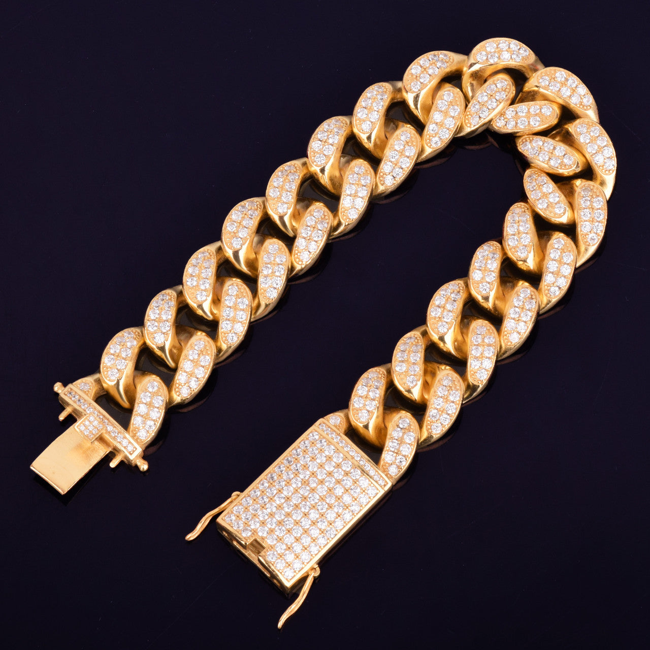 Solid 925 Sterling Silver 24k Hand Set AAA Simulate Diamond Stone Miami Cuban Link Bracelet