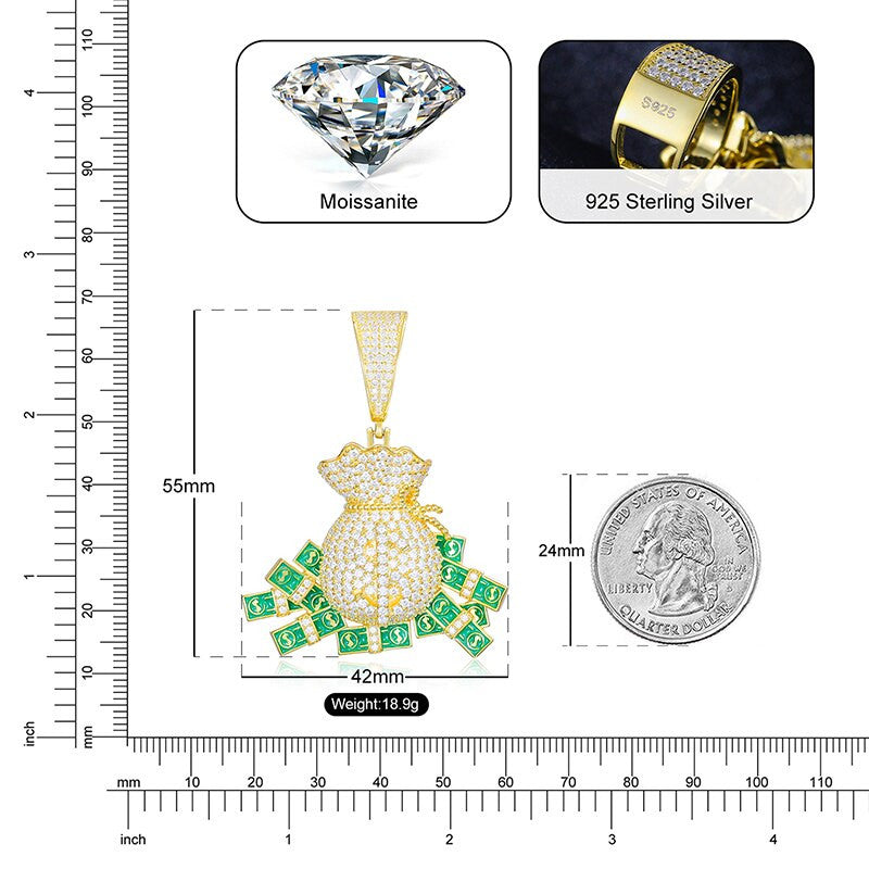VVS Lab Diamond Money Falling Out The Bag Hip Hop Solid Sterling Silver Chain