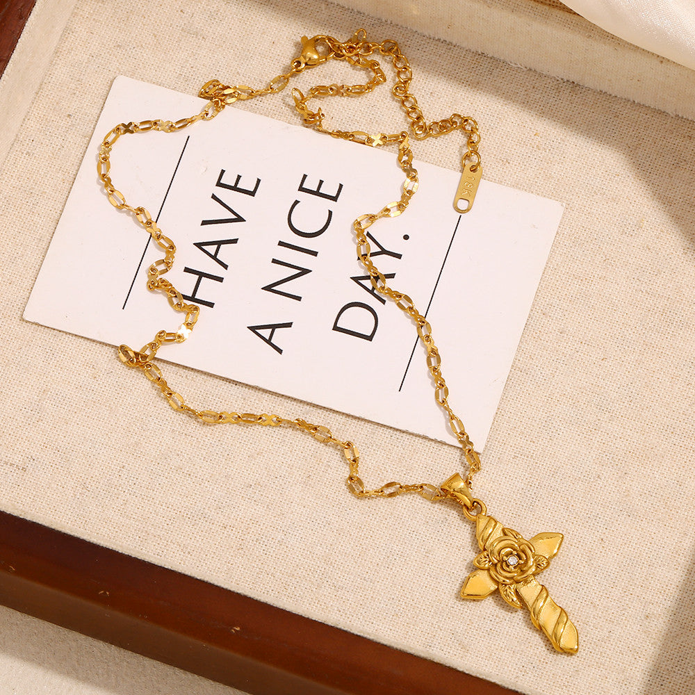 18k Gold Waterproof Rose Flower Bling Stainless Steel Hip Hop Cross Pendant Necklace