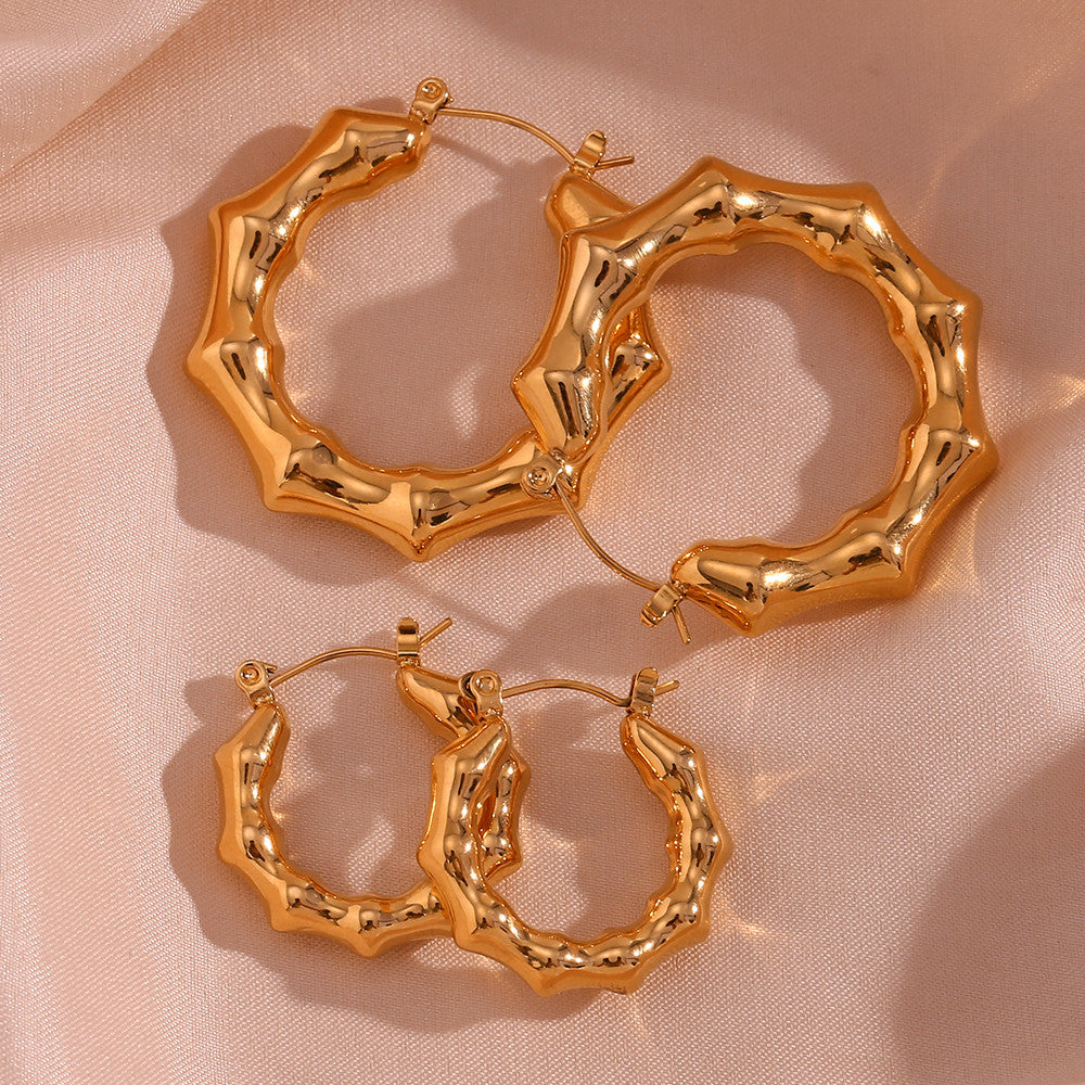 18k Gold Light Weight Stainless Steel Bamboo Nodes Shape Waterproof Hoop Earrings