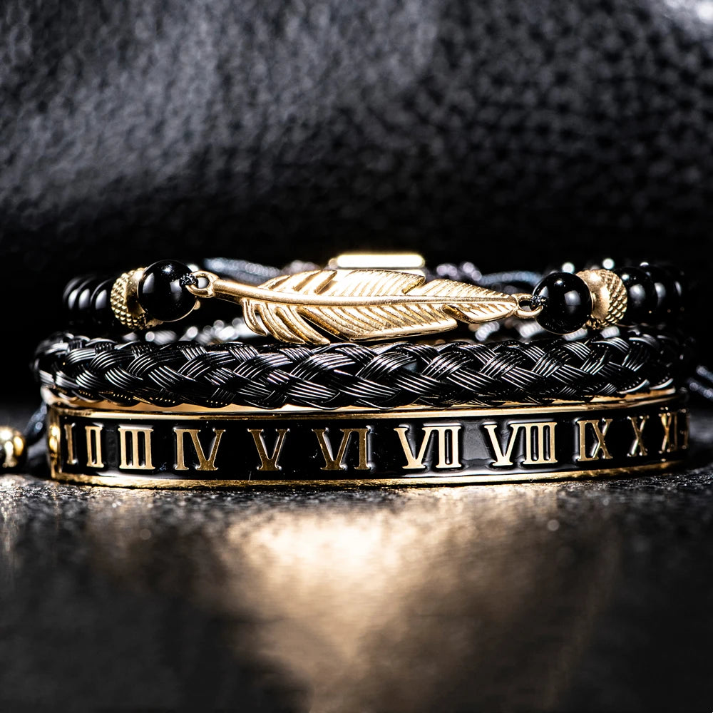 Imperial Force | Luxury Kings Crown 18k Gold Black Stainless Steel Bracelet 3 Piece Set