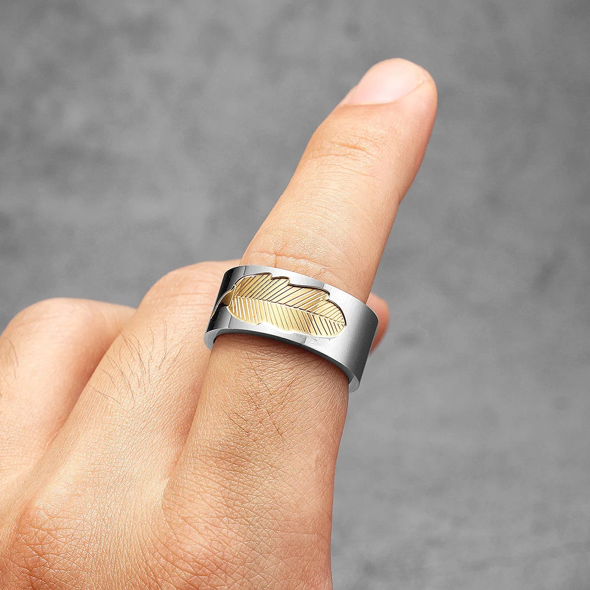 Fossil Leaf | 316L Solid Stainless Steel Gold Accented Luxury Designer Mens Rings