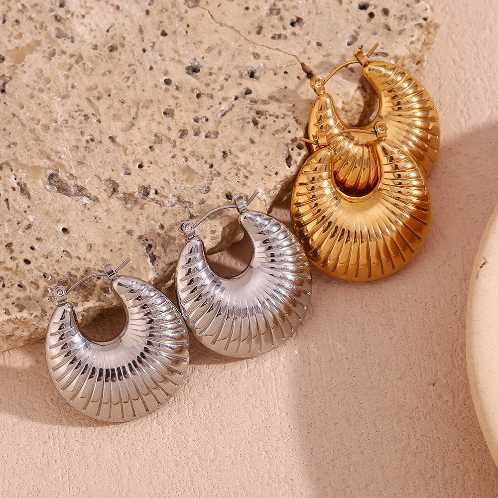 18k Gold Solid Stainless Steel Sheep Horn Striped Hoop Waterproof Earrings