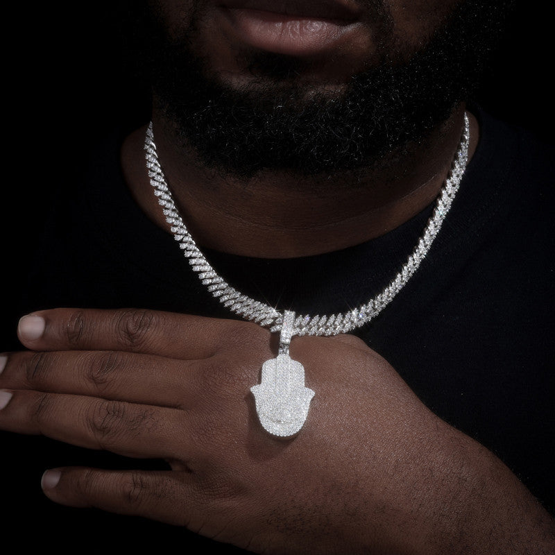 Eye Of Fatima | Solid Sterling Silver Moissanite Diamond Hamsa Hand Iced Blinged Out Pendant