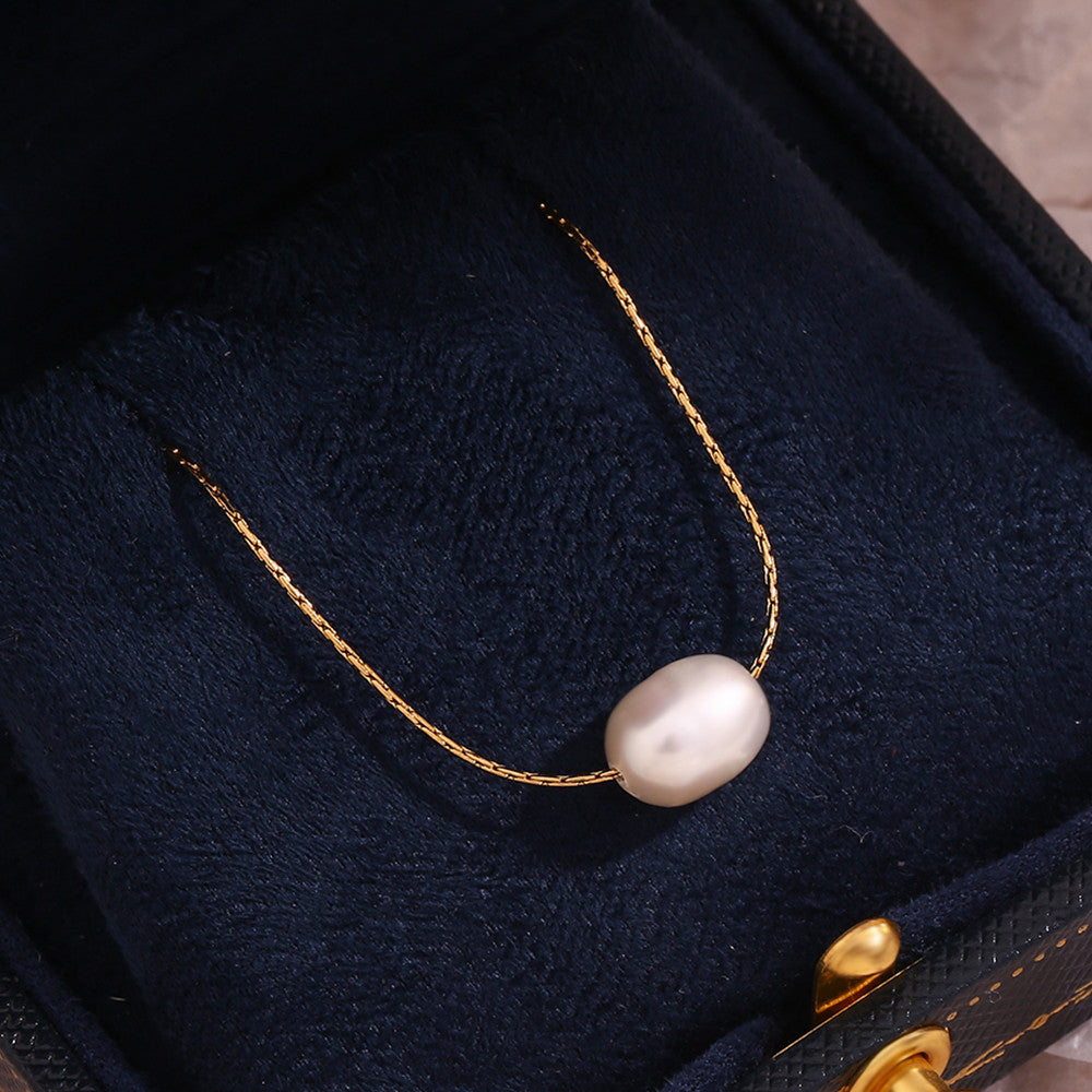 Ladies Luxury Freshwater Pearl 18K Gold Stainless Steel Chain Necklace
