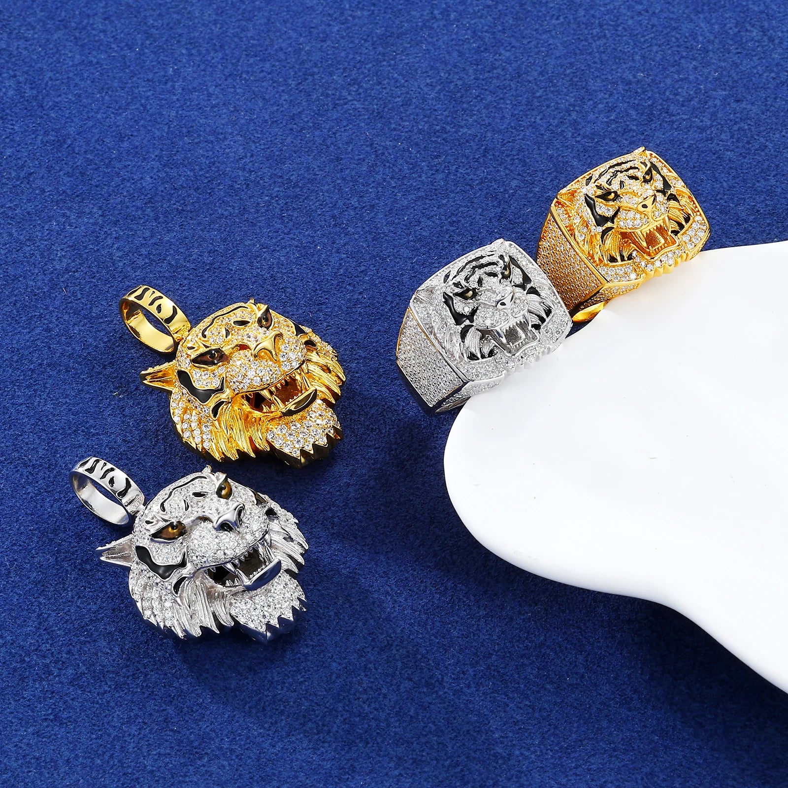 Tiger Pride Collection | 925 Sterling Silver Moissanite Diamond Tiger Pendant Ring Jewelry Set