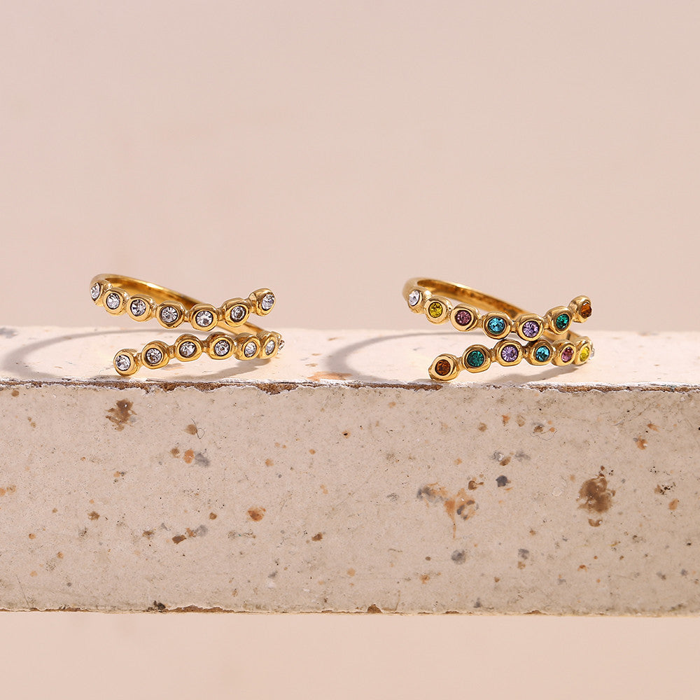 Ladies 18k Gold Waterproof Stainless Steel Cross Opening CZ Rings