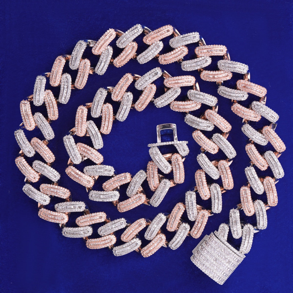 Rose Gold Iced Miami Cuban Link Hip Hop Street Wear Baguette Chain Necklaces