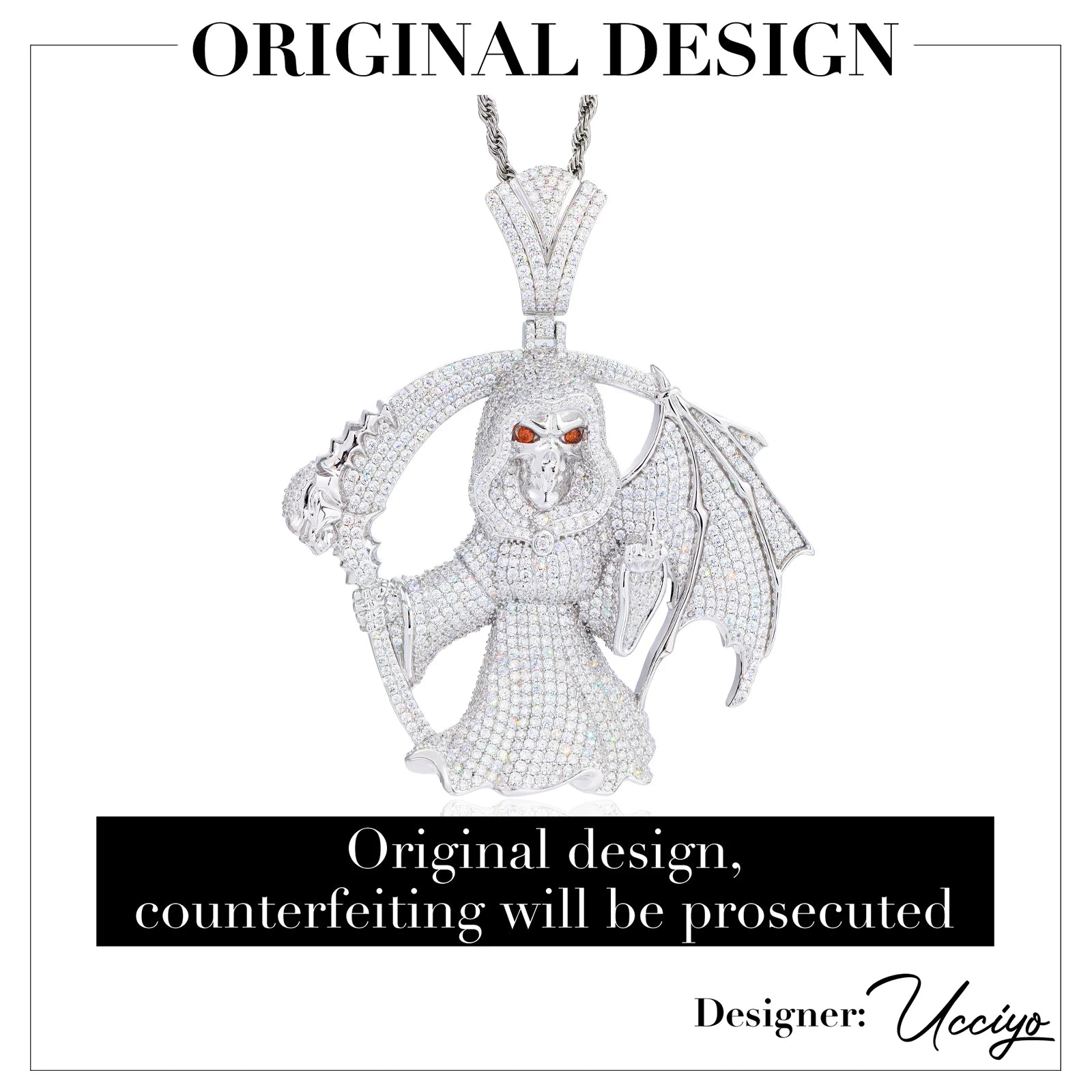 Middle Finger Reaper | Moissanite Diamond 925 Silver Hip Hop One Wing Scythe Grim Reaper Pendant