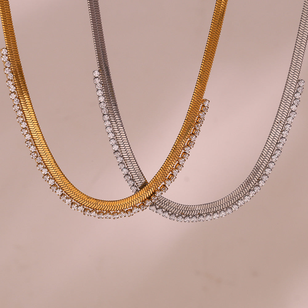 VVS Herringbone | Women's 18k Gold over Stainless Steel Diamond CZ Herringbone Chain Necklaces