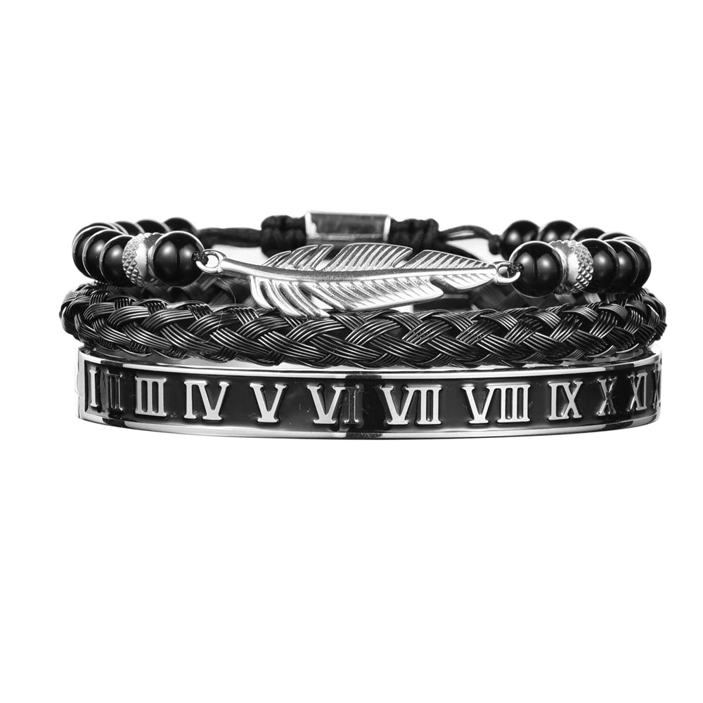 Imperial Force | Luxury Kings Crown 18k Gold Black Stainless Steel Bracelet 3 Piece Set