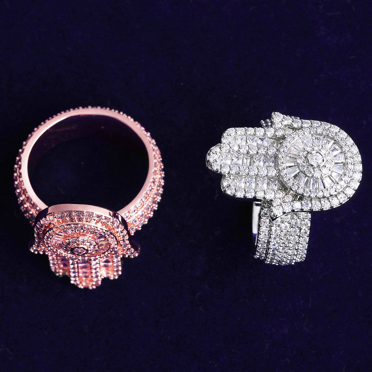 Hand To Hand | VVS Diamond CZ 925 Silver 24k Rose Gold Hamsa Hand Of Fatima Hip Hop Ring