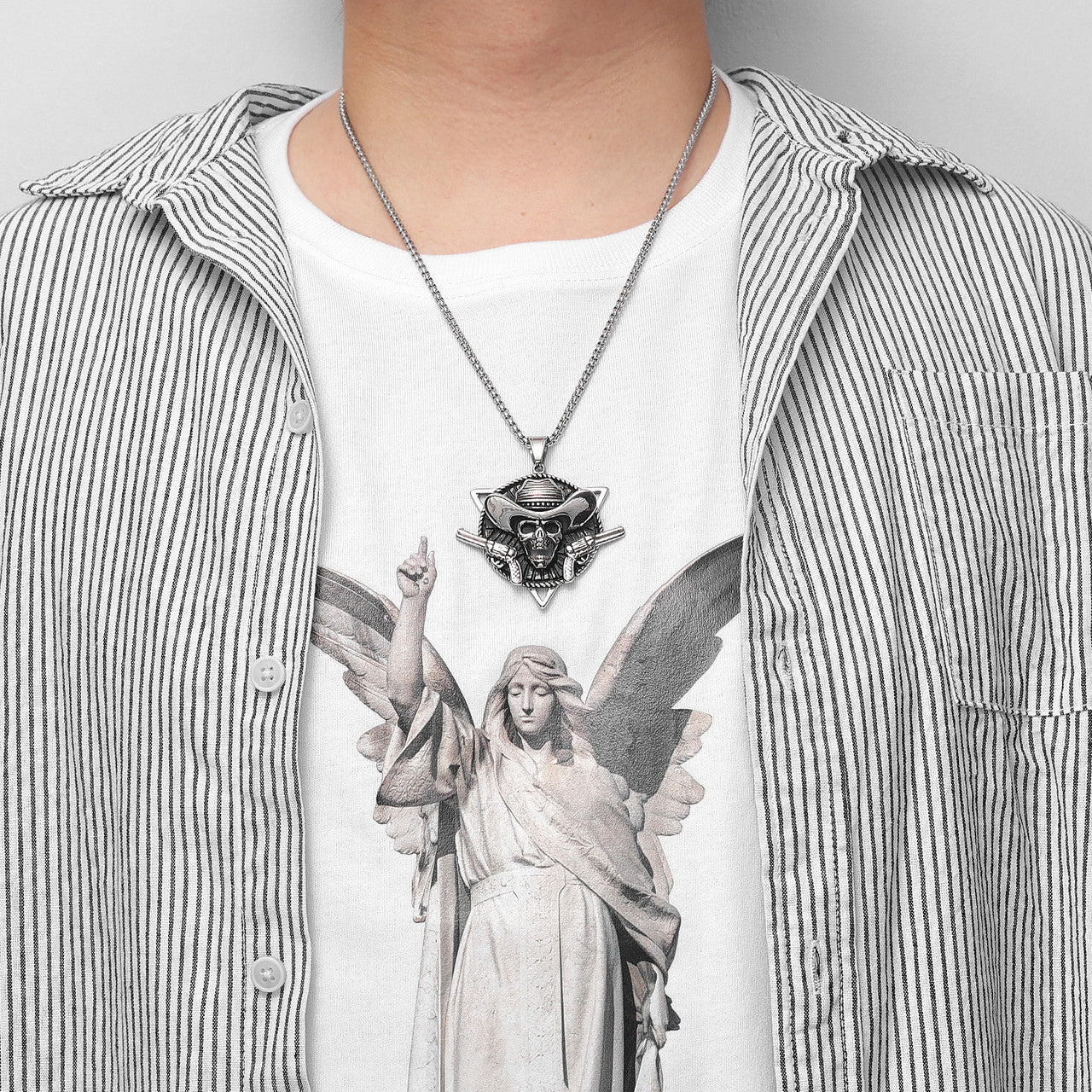 Mens Hip Hop 316L No Fade Stainless Steel Skull Cowboy Pendant Chain Necklace