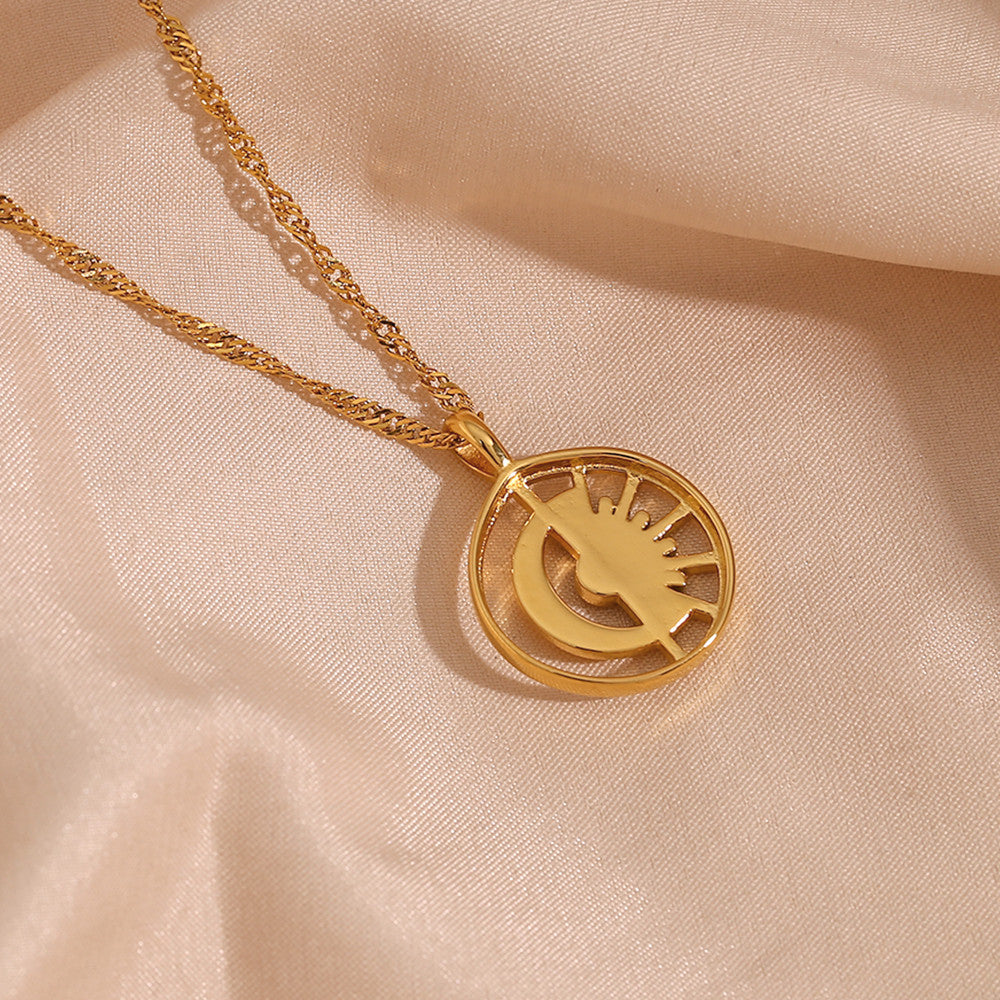 Waterproof Crystal Filled Hollow Crescent Moon Sun 18k Gold Stainless Steel Pendant