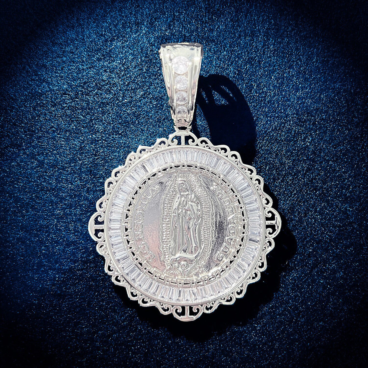 Mens Jesus Shepard Our Lady of Guadalupe Baguette Ice Spititual Hip hop Pendant Necklace