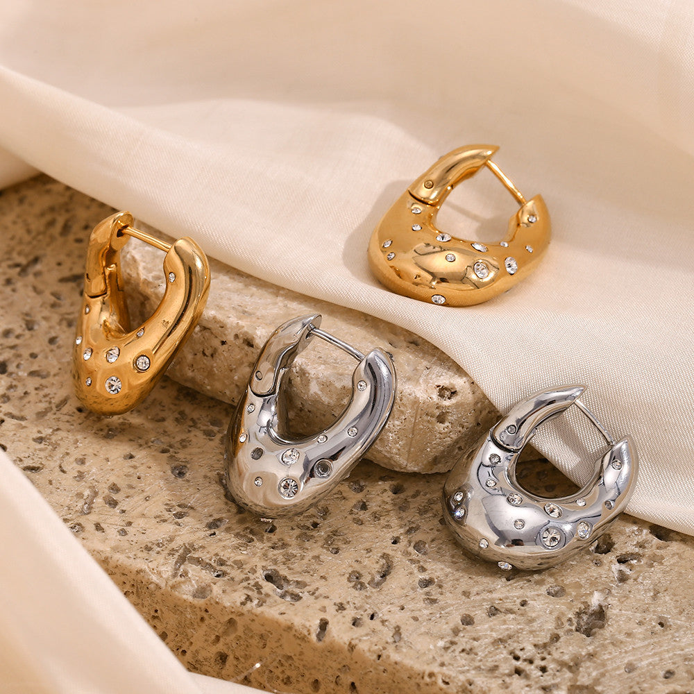 Ladies Waterproof 18k Gold Irregular Twisted Rhinestone Starry Stainless Steel Earrings