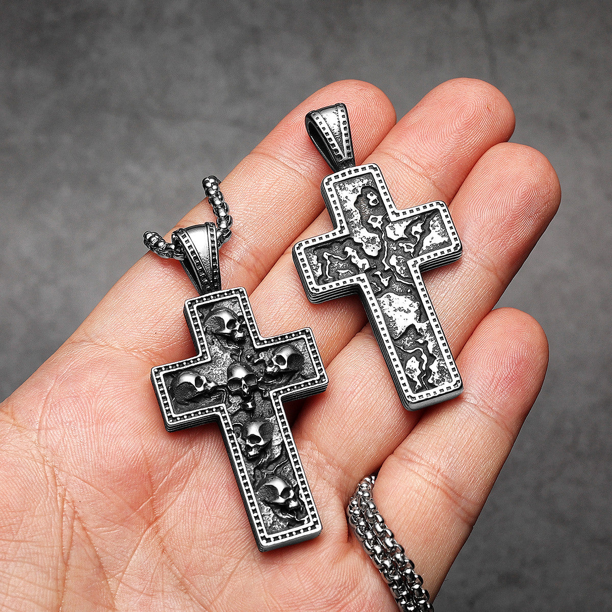 Skull Textured Cross | 316L No Fade Stainless Steel Embedded Skulls Hip Hop Pendant