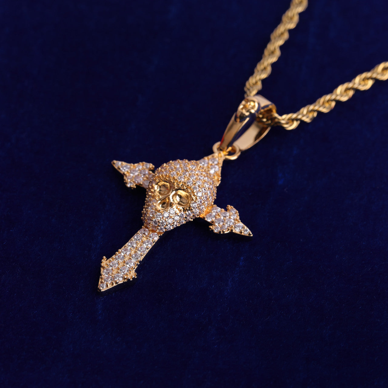 24k Gold 5A Flooded Ice Stone Skull Cross Blinged Out Pendant Chain Necklace