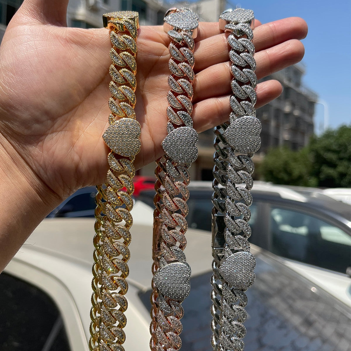 Ladies 24k Gold Silver Rose Flower Cuban Link Heart Chain Necklace