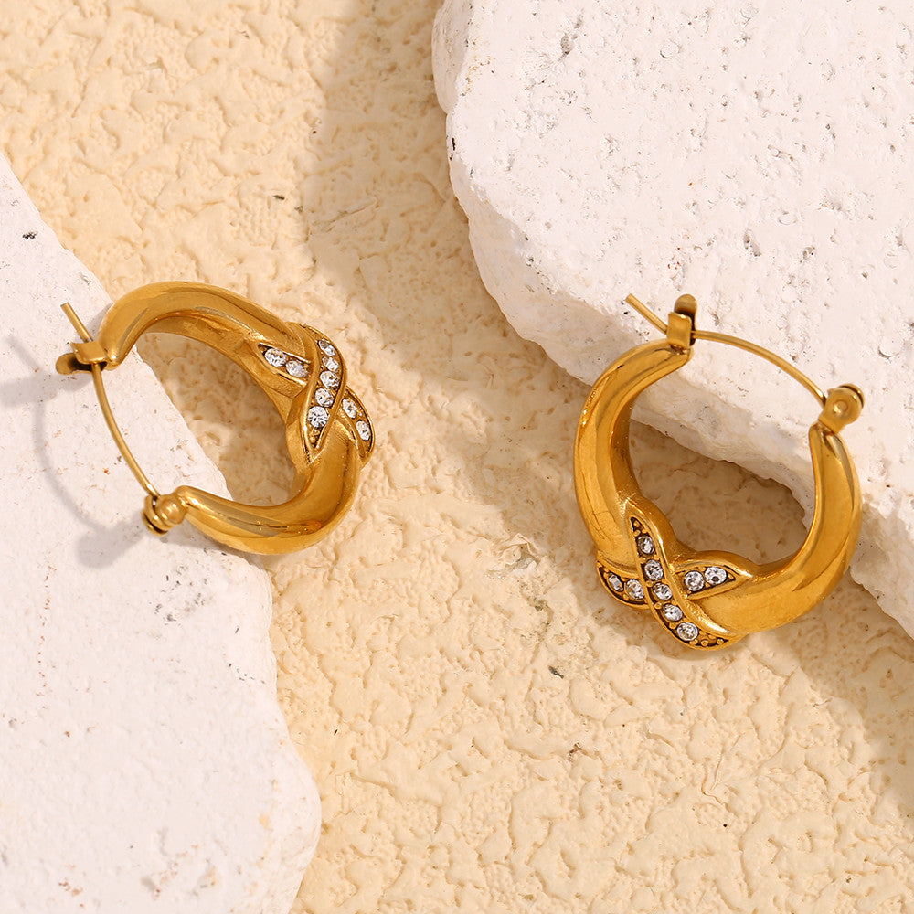 18k Gold Stainless Steel Designer Luxury Crossing X Rhinestone Hoop Bling Earrings