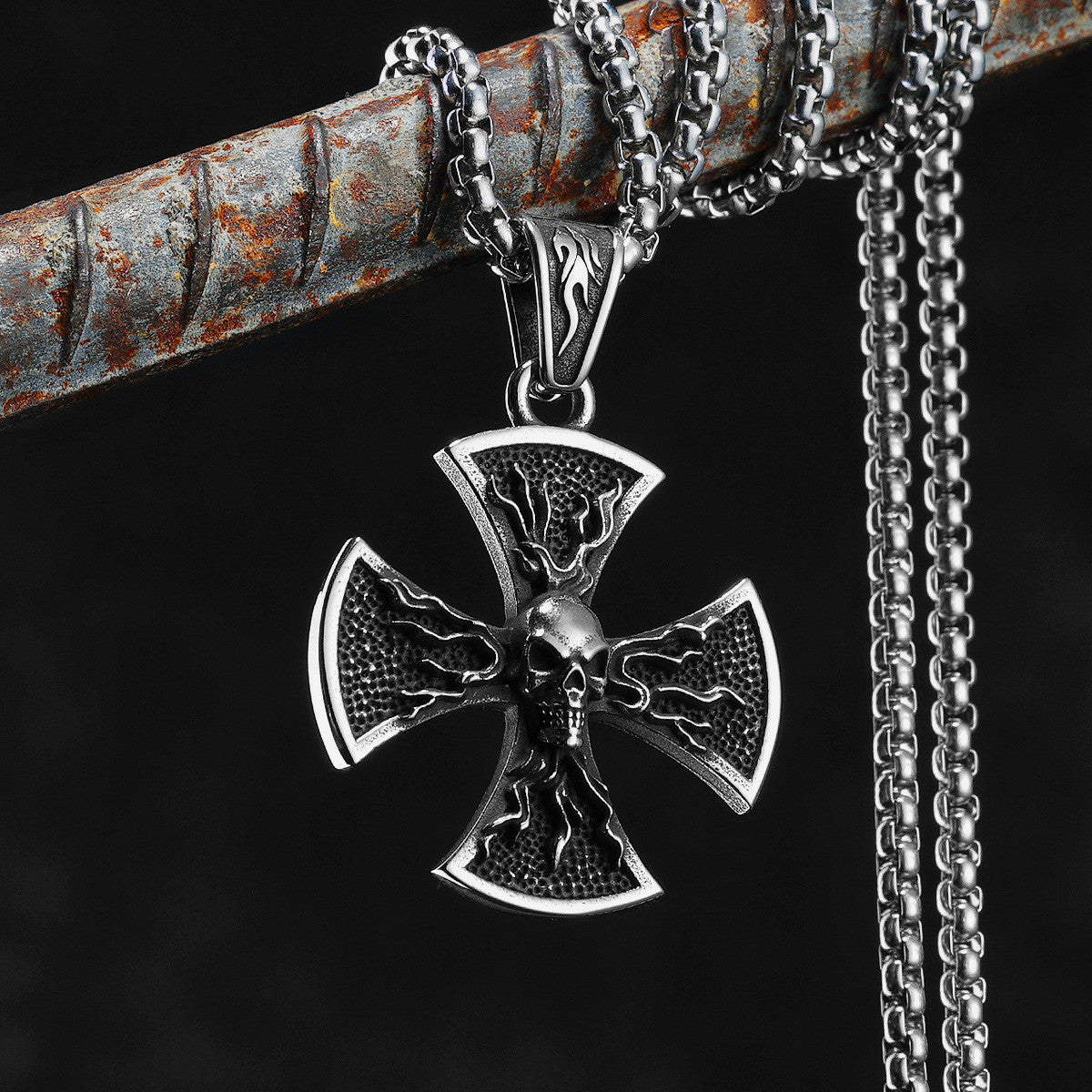 Flame Skull | Solid Stainless Steel Hip Hop Street Style Cross Pendant Chain Necklace