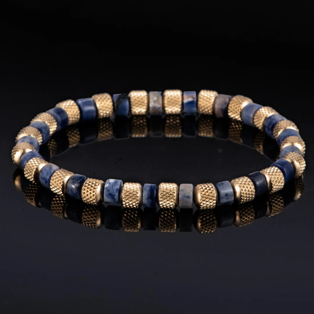 Natural Malachite | 18K Gold Over 304 Stainless Steel Mesh Beads Stone Elastic Stretch Bracelet