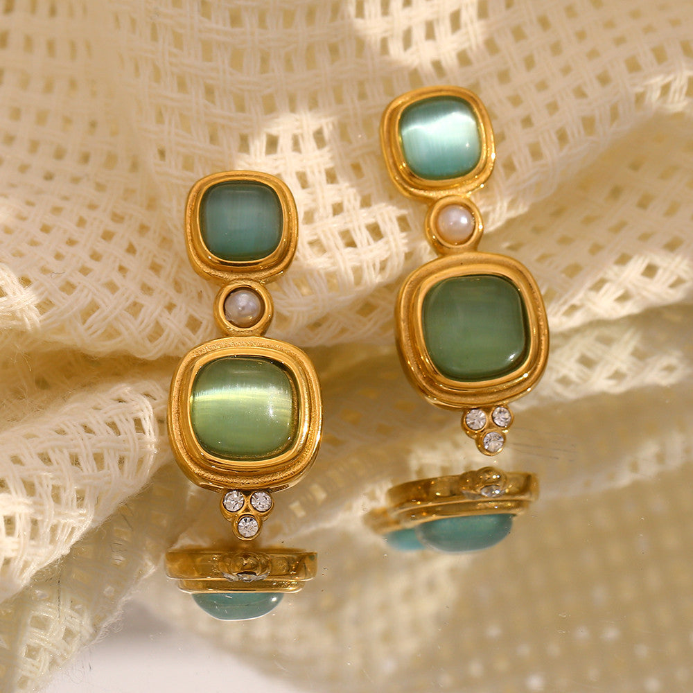 18k Gold Vintage Rhinestone Square Green Gemstone Stud Earring Stainless Steel Earrings