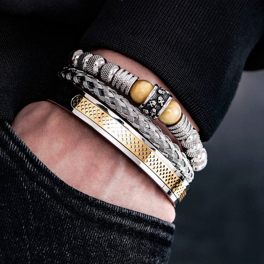 Tiger Eye | Natural Stone 3 Piece Stainless Steel Luxury No Fading Adjustable Bracelets