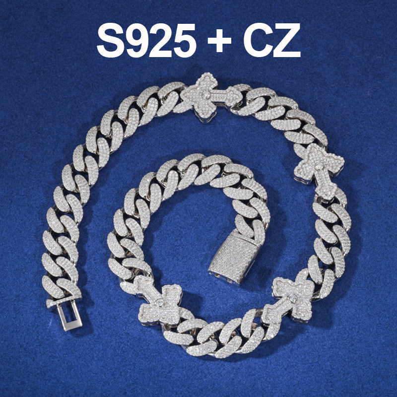 Mens Iced Blinged Out Hip Hop S925 VVS Diamond Moissanite Cross Cuban Link Chain