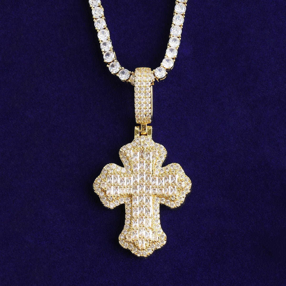 Baguette Wave | VVS Diamond CZ Iced Blinged Out Prong Set Cross Pendant Chain
