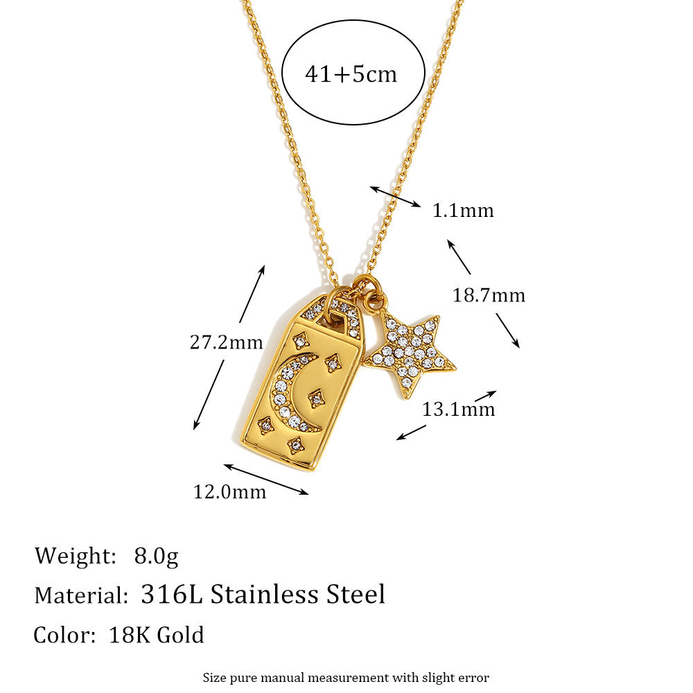 18K Gold Waterproof Stainless Steel Square CZ Moon Star Bling Tarnish Free Pendant