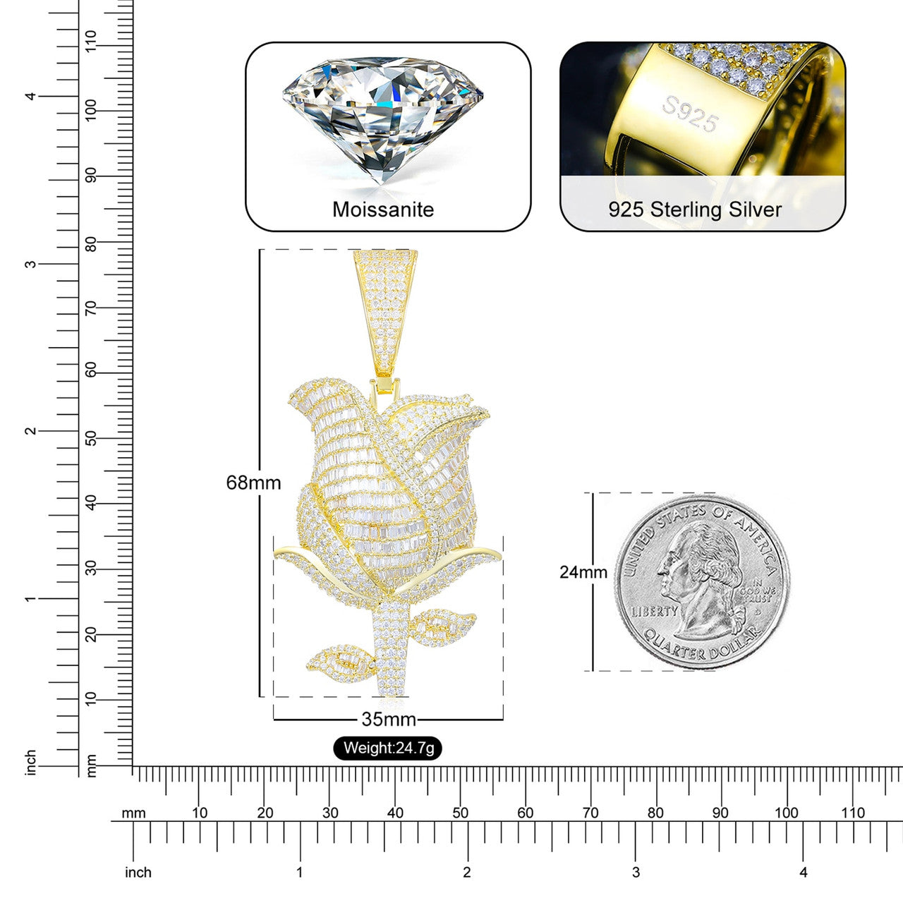 Iced Blossom | Moissanite Diamond Solid Sterling Silver Baguette & Round Stone Rose Pendant