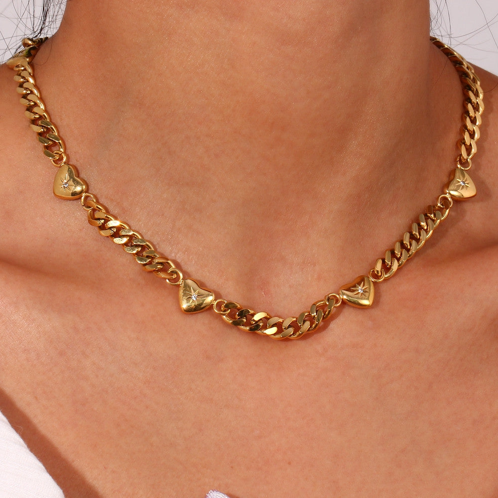 Women's 18k Gold Waterproof Stainless Steel CZ Heart Charm Cuban Chain Necklace