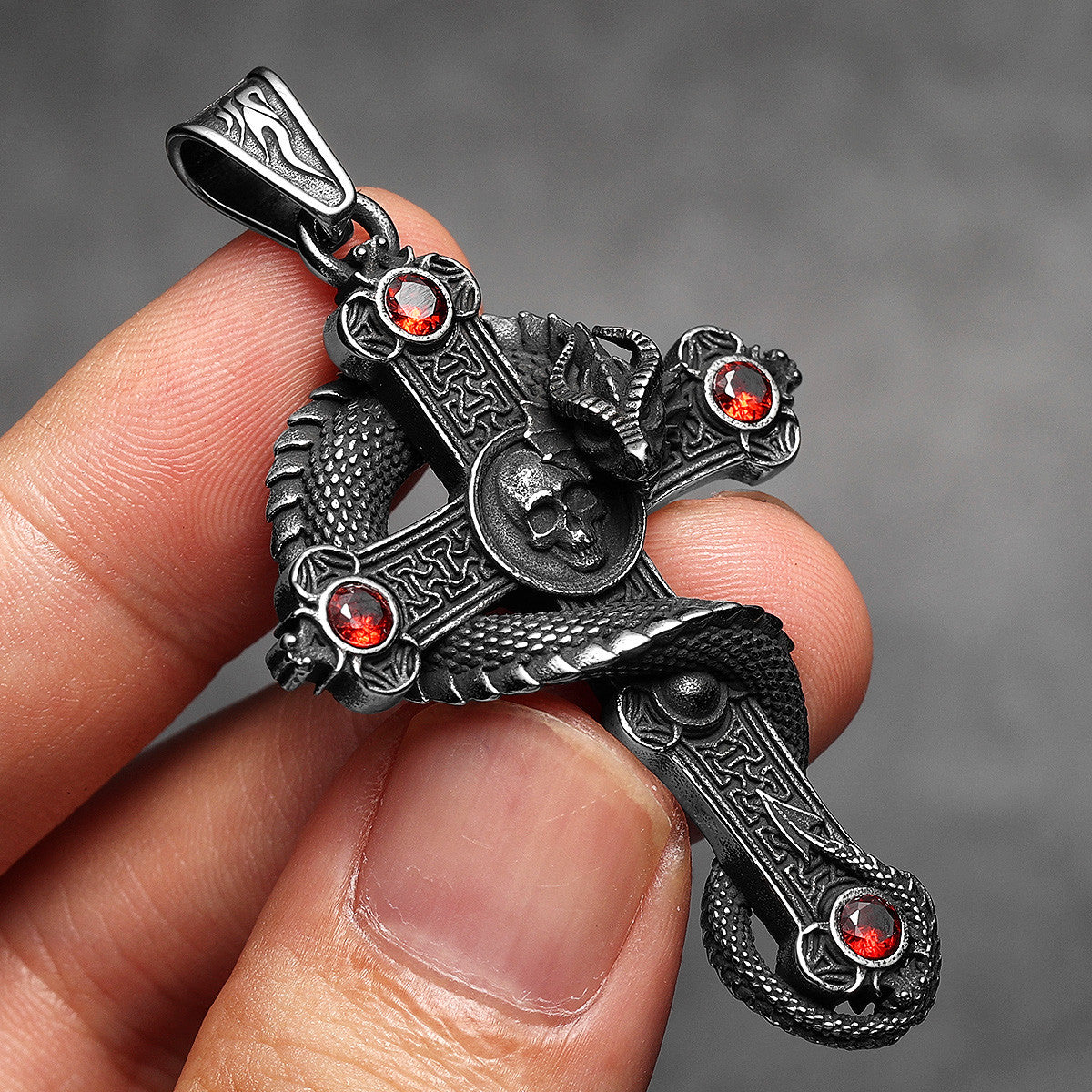 Skull Serpent Cross | 316L Shadow Skull No Fade Stainless Steel Gemstone Cross Pendant