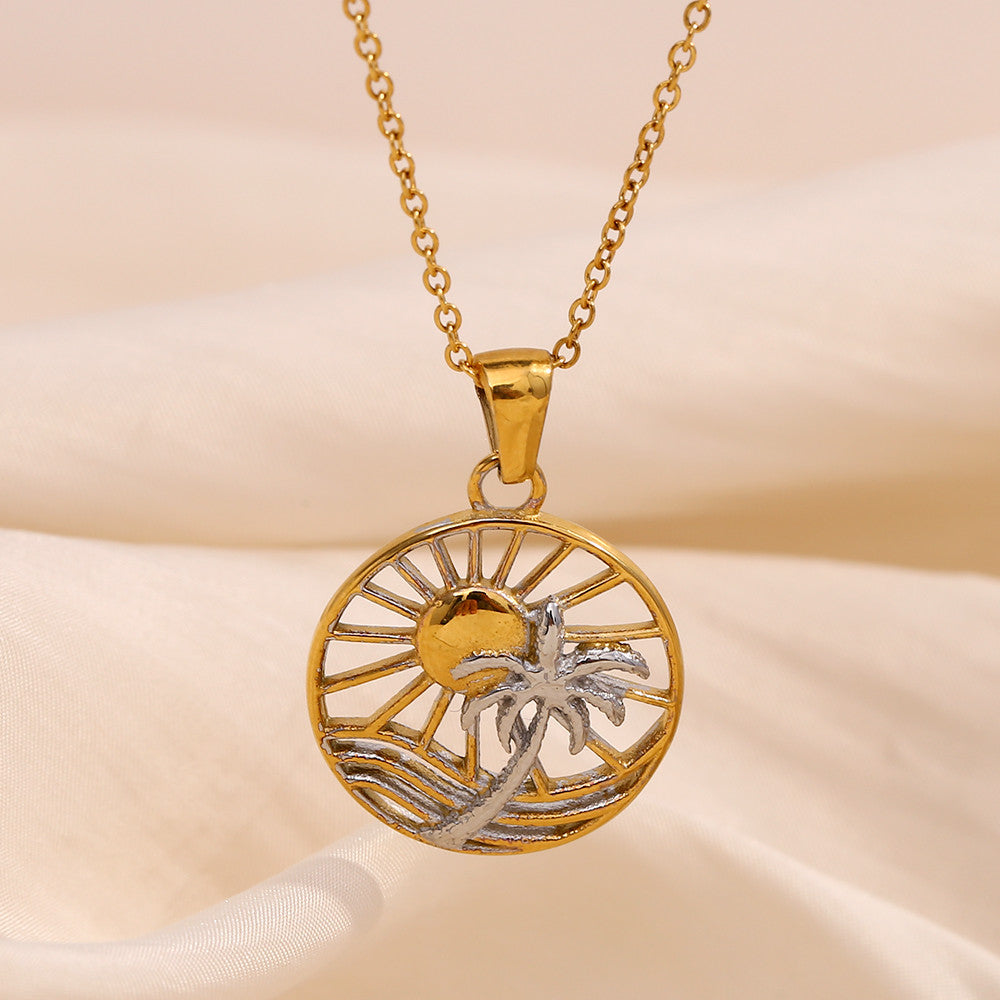 Ladies 18k Gold Waterproof Solid Stainless Steel Sun Coconut Palm Tree Pendant Necklace