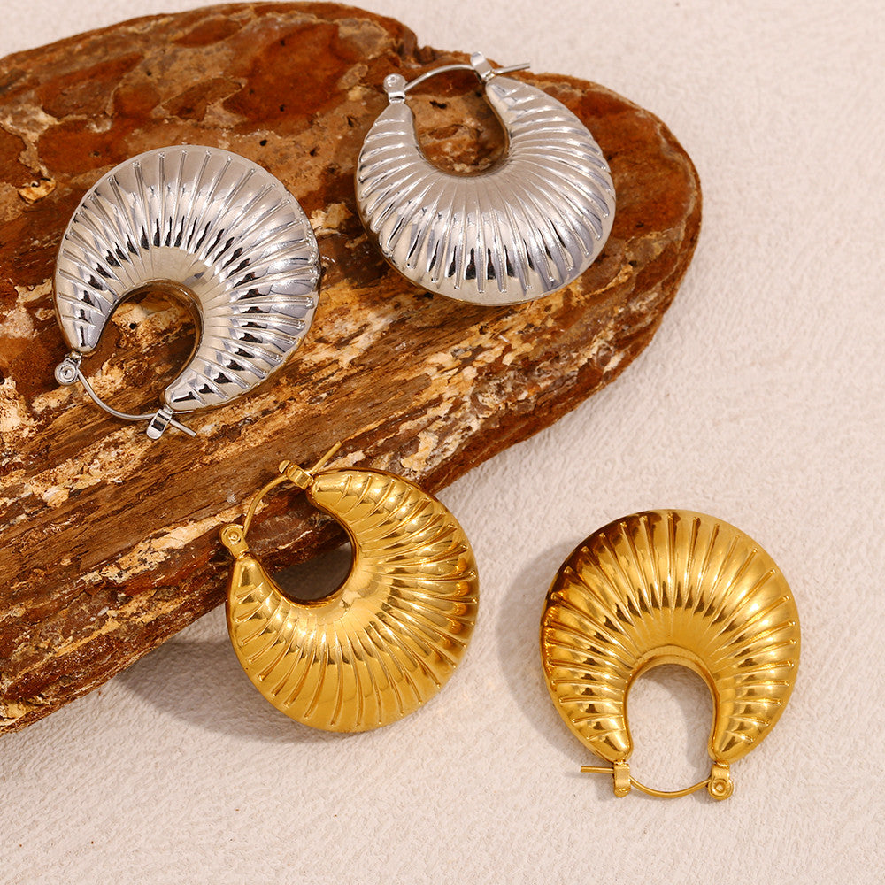 18k Gold Solid Stainless Steel Sheep Horn Striped Hoop Waterproof Earrings