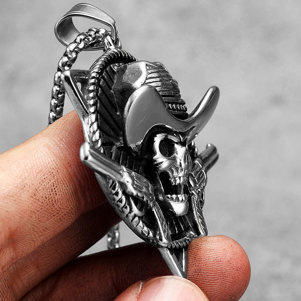 Mens Hip Hop 316L No Fade Stainless Steel Skull Cowboy Pendant Chain Necklace