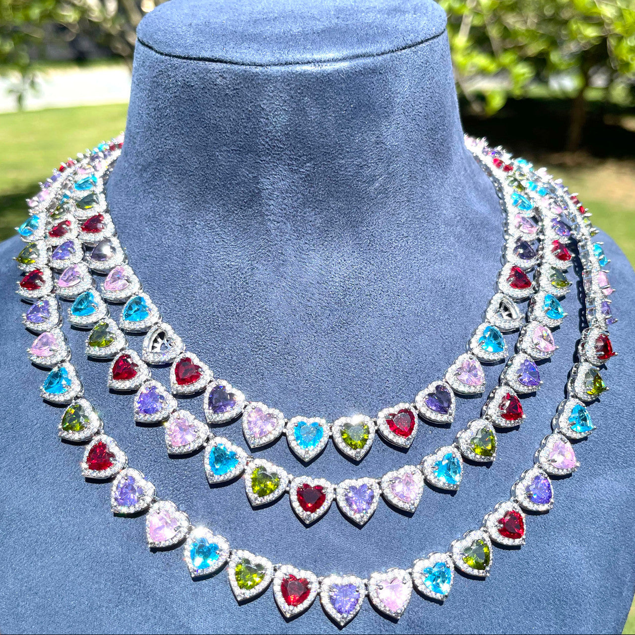 Love Burst | Heart Shape Colorful Cluster Gemstone Iced Tennis Chain Necklace